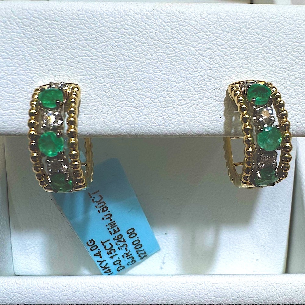 14KT Yellow Gold and Genuine Emerald Huggies Earrings